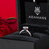 Princess Cut Solitare Moissanite engagement ring in 925 sterling silver setting displayed in black Adamans box with red rose background