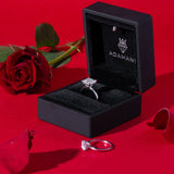 Princess Cut Solitare moissanite engagement ring in black box with red rose on red background