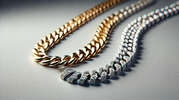 An image showing a clear difference between iced and plain cuban link chains