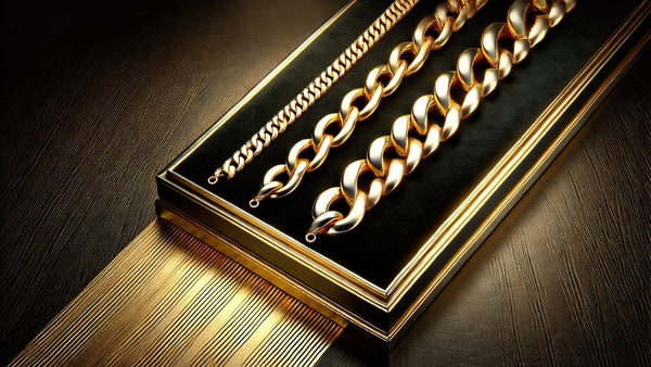 An image showcasing differently sized gold cuban chains