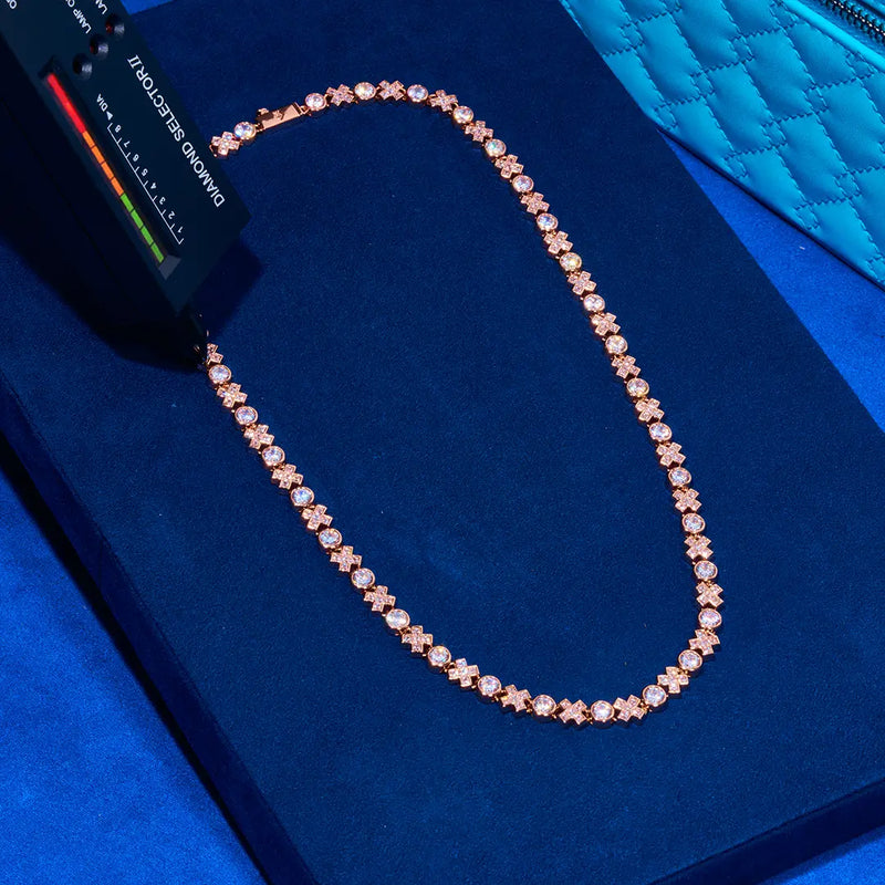 5MM XOXO Chain rose gold 18K plated with flawless VS diamond simulants on blue velvet background