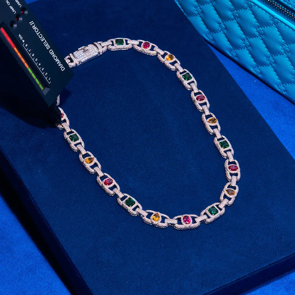Moissanite diamond multicolor cluster mariner chain in 925 silver with D colour VVS1 stones