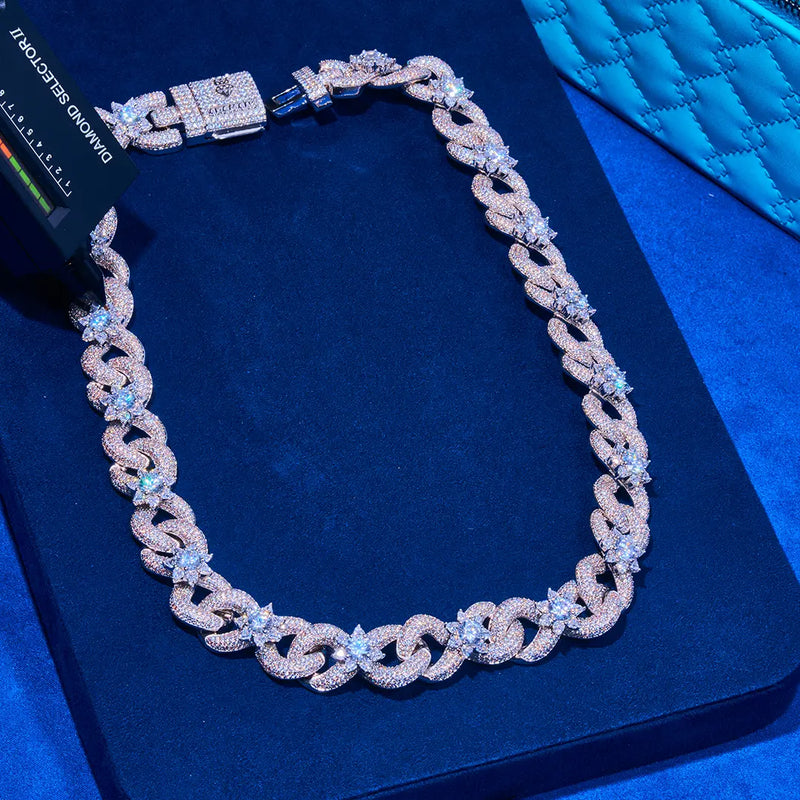 Moissanite 18MM iced out flower Miami Cuban link chain in 925 silver with white gold plating and VVS1 D color moissanite stones