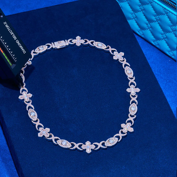 Moissanite Baguette Cross Evil Eye Chain in 925 silver with D color VVS1 stones on blue background