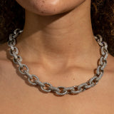 15mm white gold rolo link chain with diamond simulants necklace on model's neck