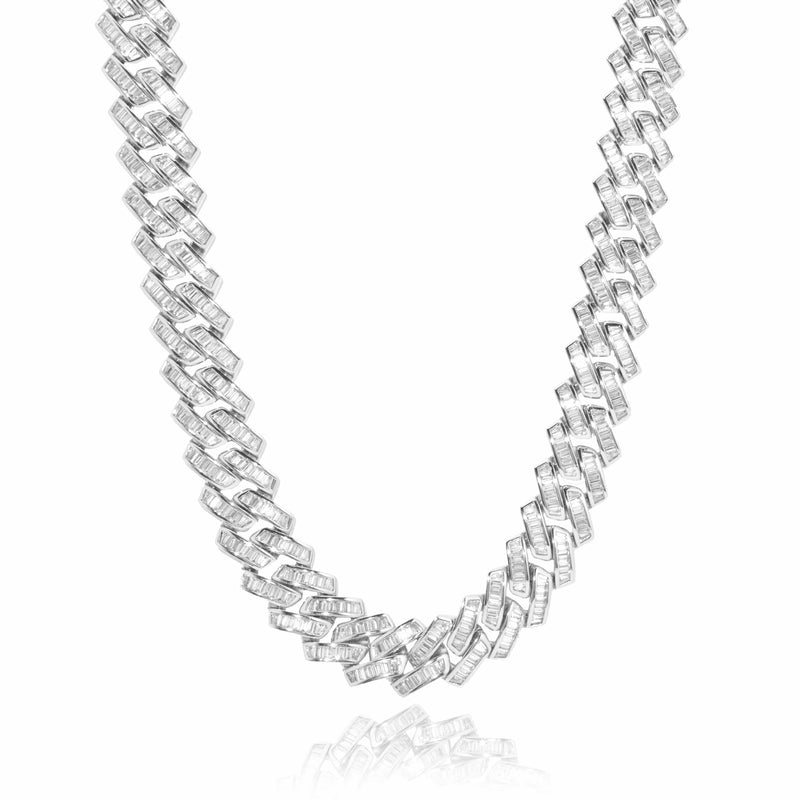 20mm Baguette Miami Link Chain in White Gold with Diamond Simulants