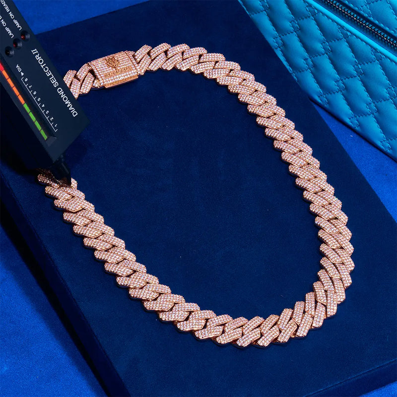 20mm Monaco Chain in rose gold with hand-set stones and diamond simulants on blue velvet background