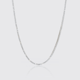 3mm tennis chain in white gold with prong-lifted stones, 18K plated with flawless diamond simulants.