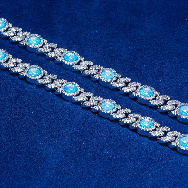 8MM Blue Opal Classic Cuban Chain - White Gold