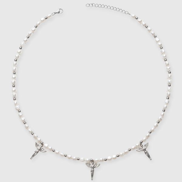 5mm Angels Motif Beaded Pearl Necklace - White Gold - Adamans - 