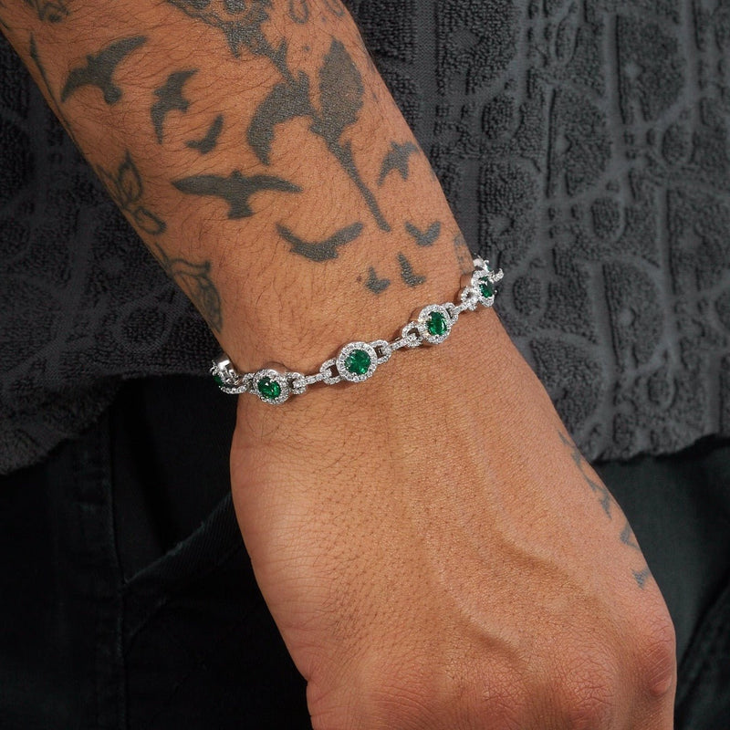 9mm GREEN CENTRE STONE LINK BRACELET - WHITE GOLD - Adamans - 