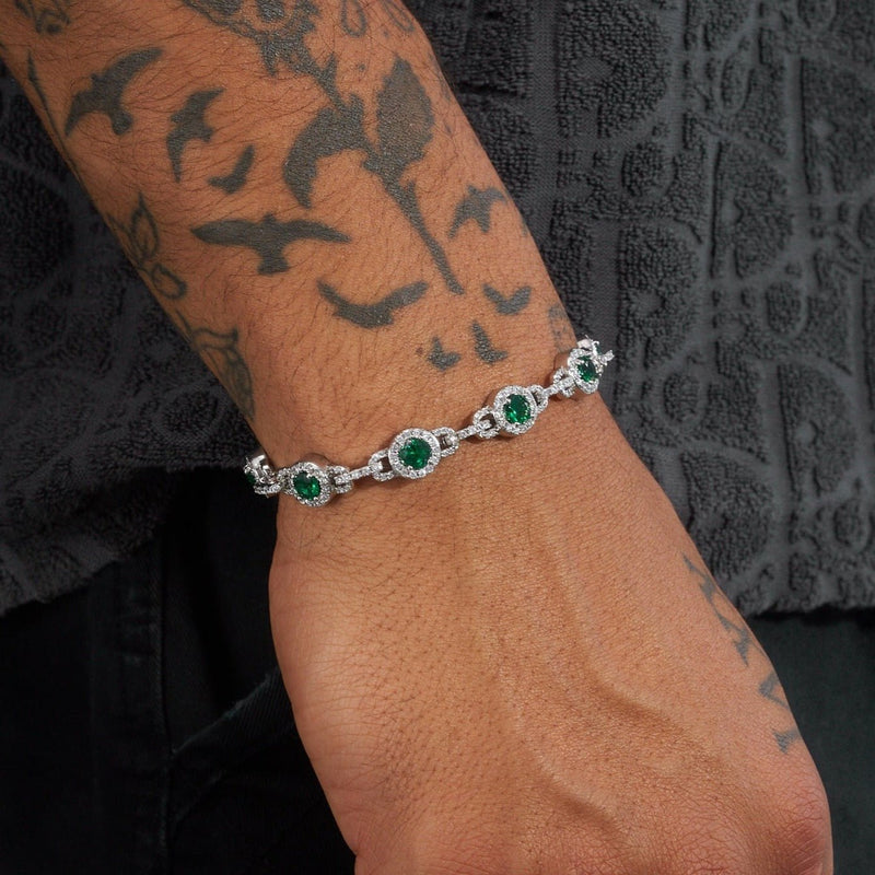 9mm GREEN CENTRE STONE LINK BRACELET - WHITE GOLD - Adamans - 