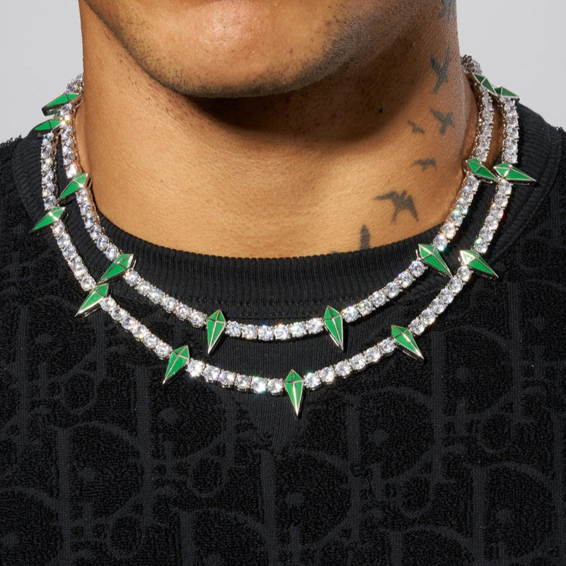 5mm Pave Spike Tennis Chain - White Gold with Green