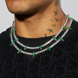 5mm Pave Spike Tennis Chain - White Gold with Green