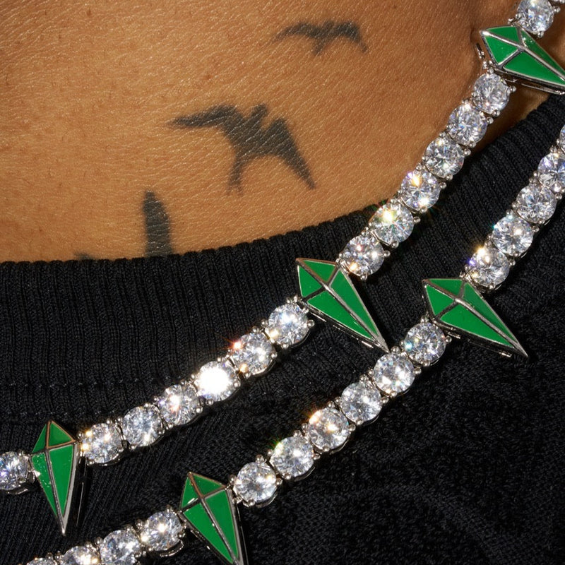 5mm Pave Spike Tennis Chain - White Gold with Green