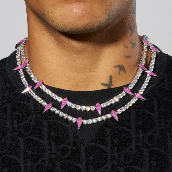 5mm pink pave spike tennis chain in white gold with prong-lifted stones.