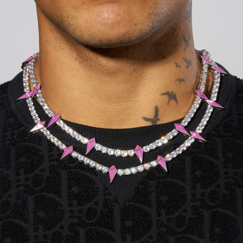 5mm PINK PAVE SPIKE TENNIS CHAIN - WHITE GOLD