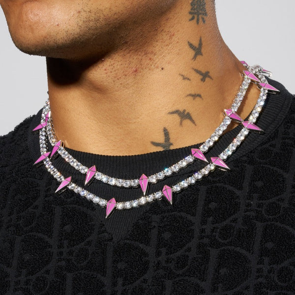 5mm pink pave spike tennis chain in white gold with round stones.