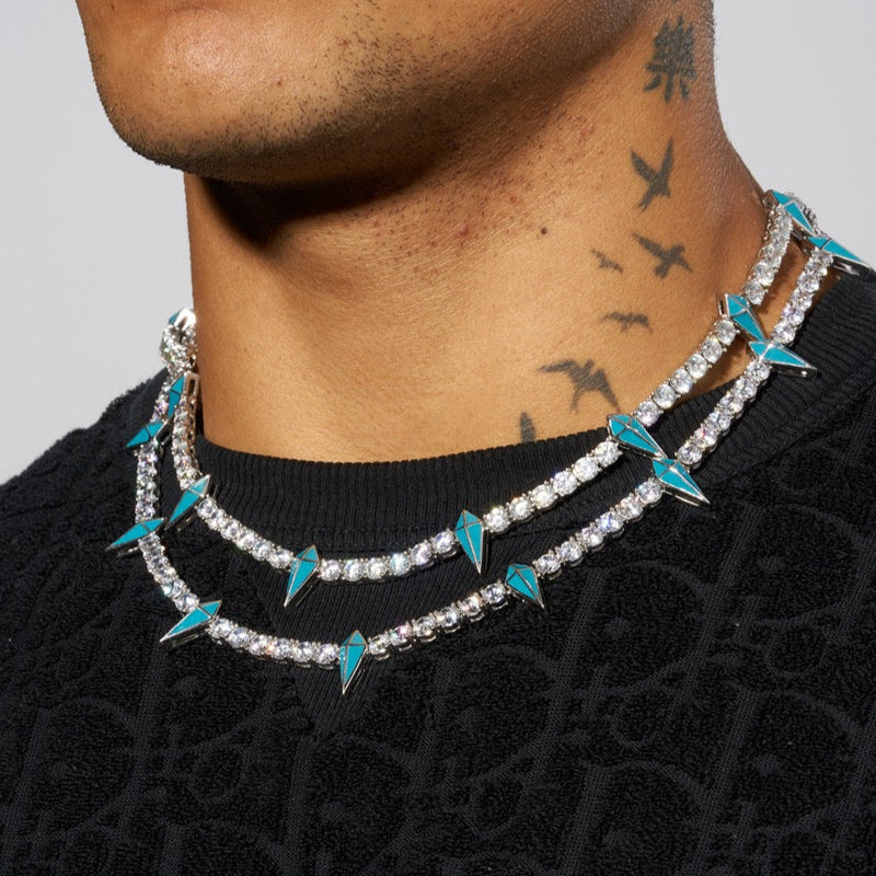 Diamond Necklace Iced Out Spike Choker 5mm BLUE PAVE SPIKE TENNIS