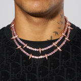 5mm Pave Spike Tennis Chain in Pink with Enamel and 18K Gold Plating.