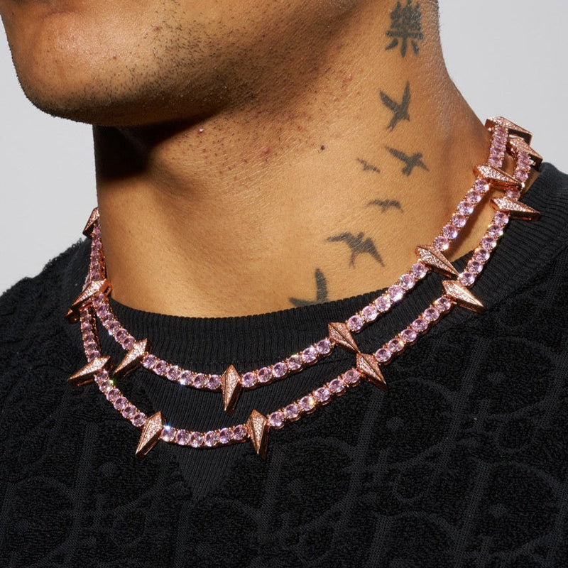 5mm pink pave spike tennis chain with pink enamel spikes and round cut stones.