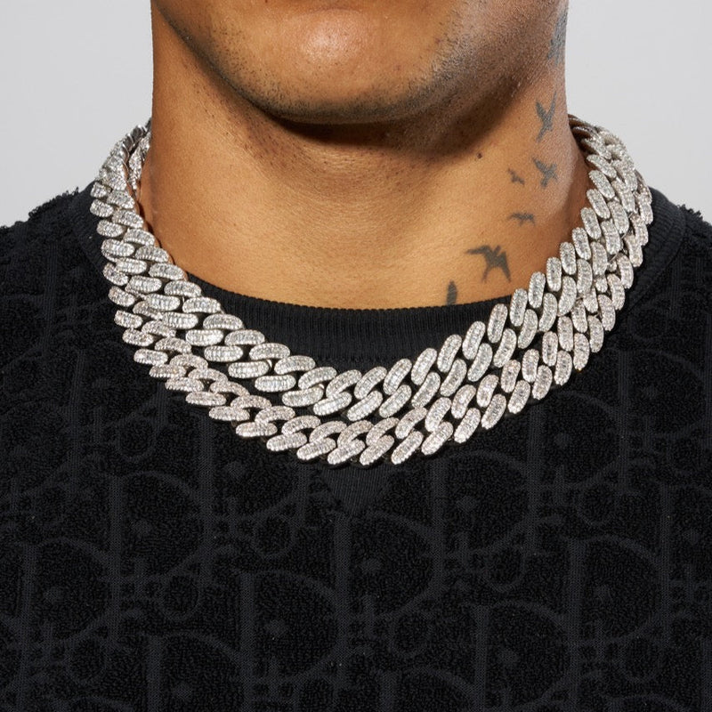 17mm Baguette Prong Link Cuban Chain White Gold – Adamans