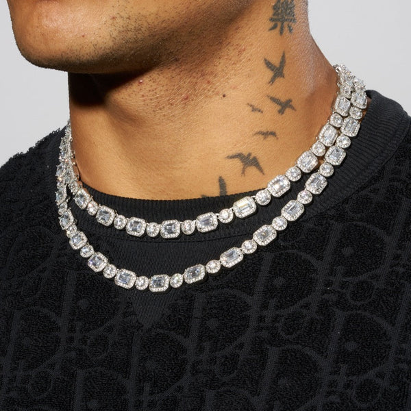 9mm Clustered Tennis Chain - White Gold