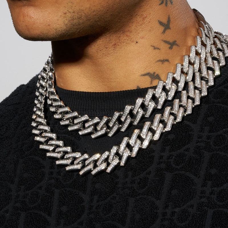 20mm Baguette Miami Link Chain - White Gold