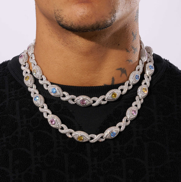 14MM Lab Diamond Multi Gemstone Evil Eye Eternity Chain in 925 Silver with White Gold Plating, worn necklace.