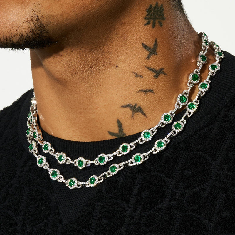 9mm GREEN CENTRE STONE LINK CHAIN - WHITE GOLD