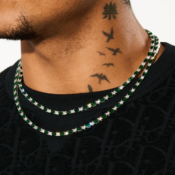 3mm WHITE & GREEN TENNIS CHAIN - WHITE GOLD