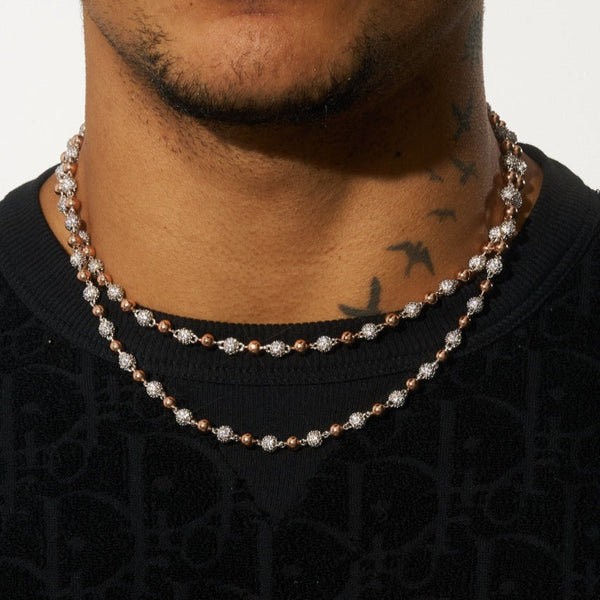 5mm two-tone iced ball chain necklace with rose gold hand-polished links.