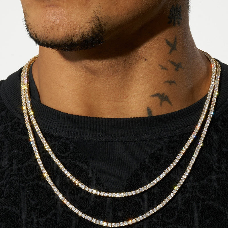3 Prong Tennis Necklace – 14K Gold Finish, 4mm Chain, 20 Inch, Lab Diamonds Style