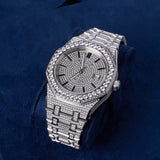 44m paved VVS moissanite diamond watch in white gold with fully encrusted band and bezel on navy blue cushion