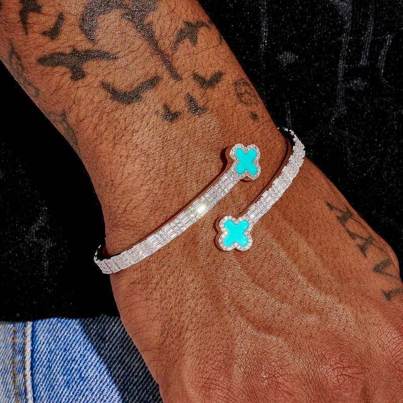 8MM Moissanite green motif baguette bangle in sterling silver with white gold plating worn on wrist