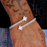 8MM Moissanite pink motif baguette bangle in 925 silver with white gold plating on wrist