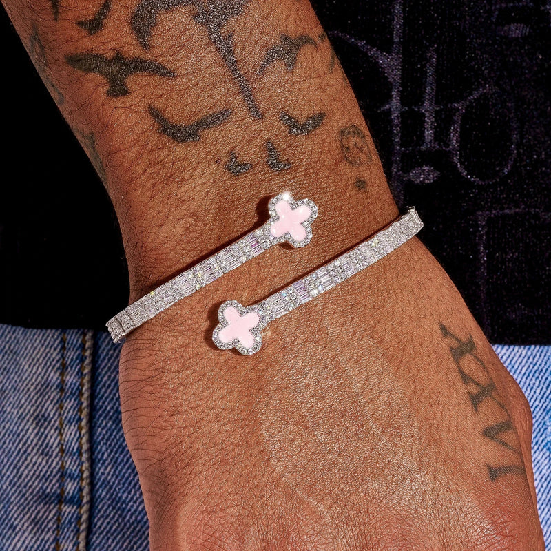 8MM Moissanite pink motif baguette bangle in 925 silver with white gold plating on wrist