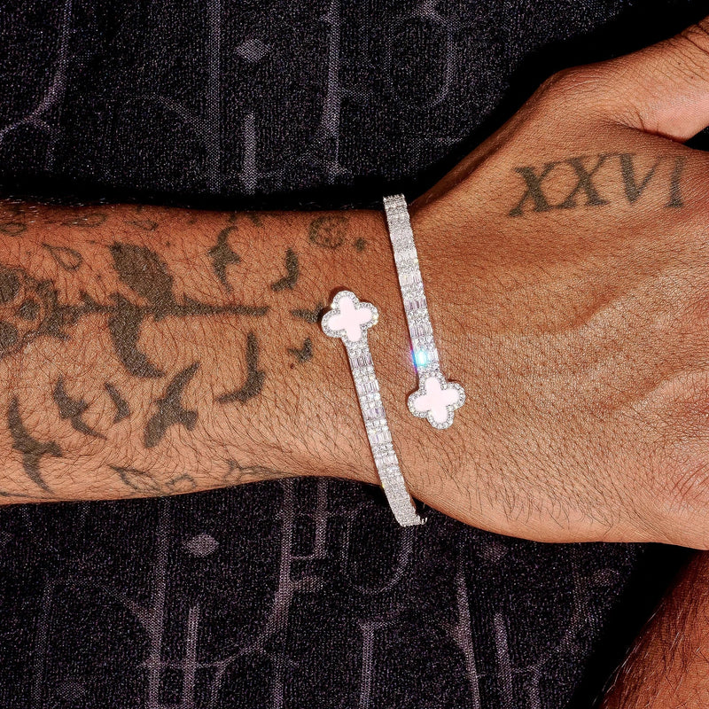 8MM Moissanite pink motif baguette bangle in white gold plated 925 silver worn on tattooed wrist