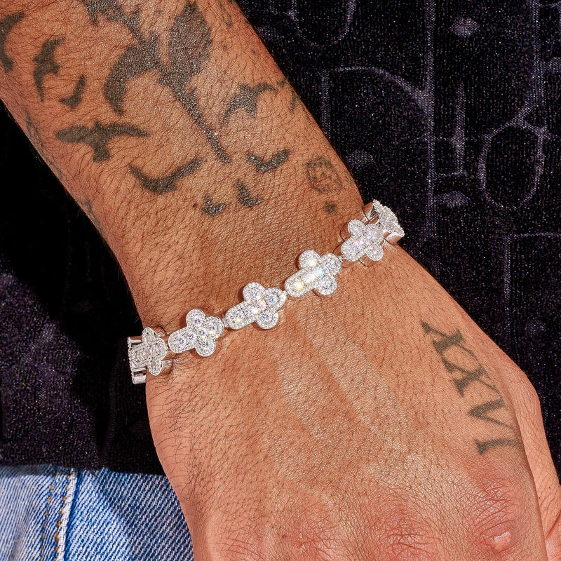 12.5MM Cross Tennis Bracelet in white gold with cross motifs and CZ stones on wrist