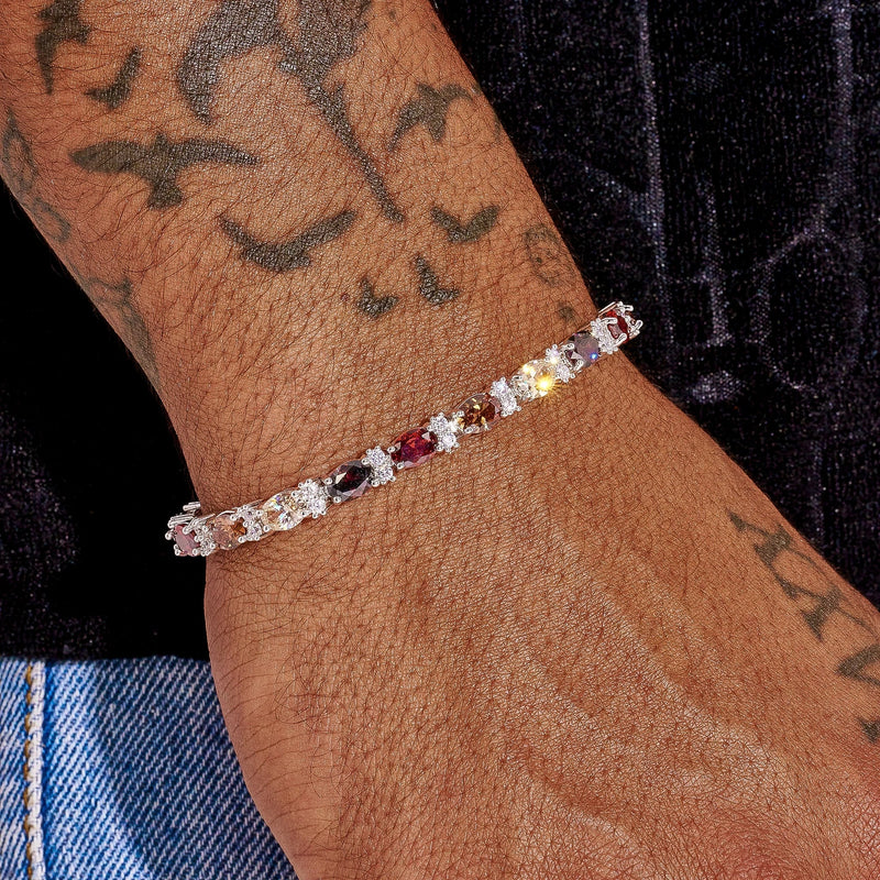 5MM Multicolor Oval Cut Brown Stone Tennis Bracelet in white gold on wrist