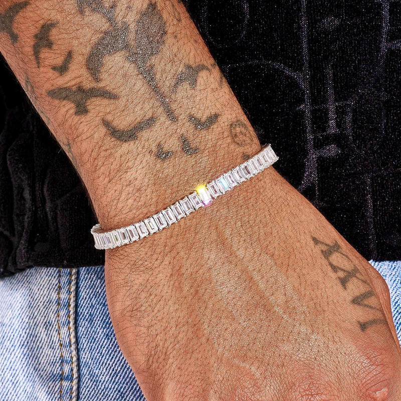 3MM Moissanite baguette tennis bracelet in 925 silver on wrist with tattoos