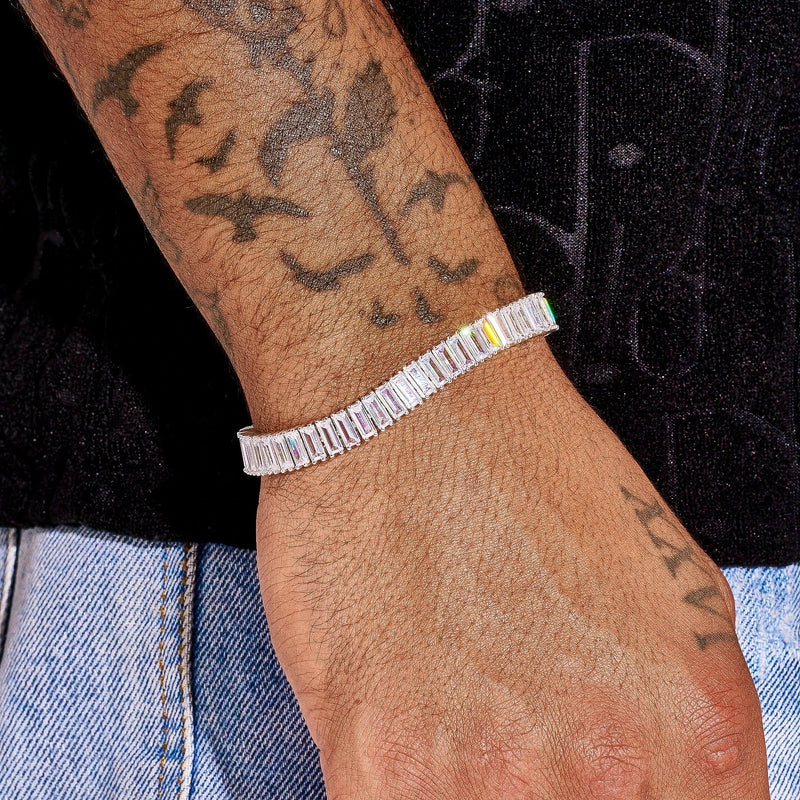6MM Moissanite baguette tennis bracelet in 925 silver worn on wrist with tattoos