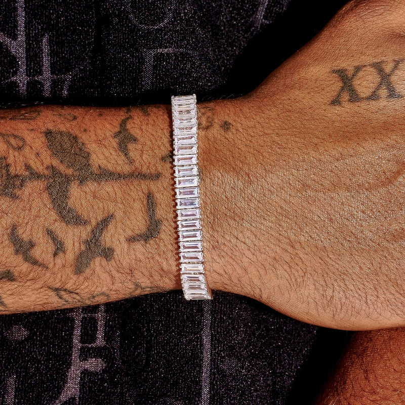 6MM moissanite baguette tennis bracelet in 925 silver worn on wrist with tattoos