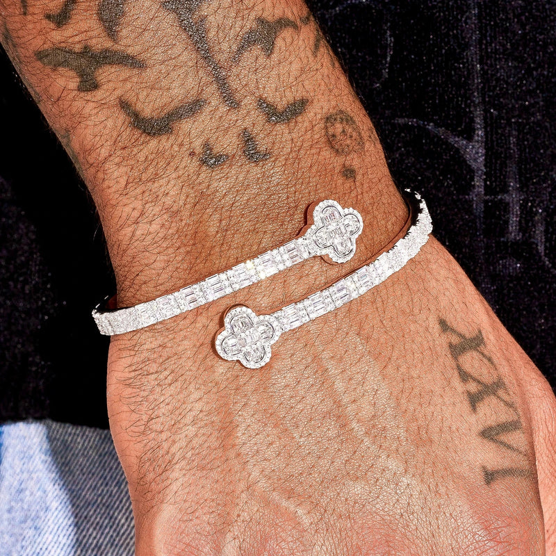 8MM Moissanite Iced Motif Baguette Bangle in 925 Silver with D Colour VVS1 stones on wrist