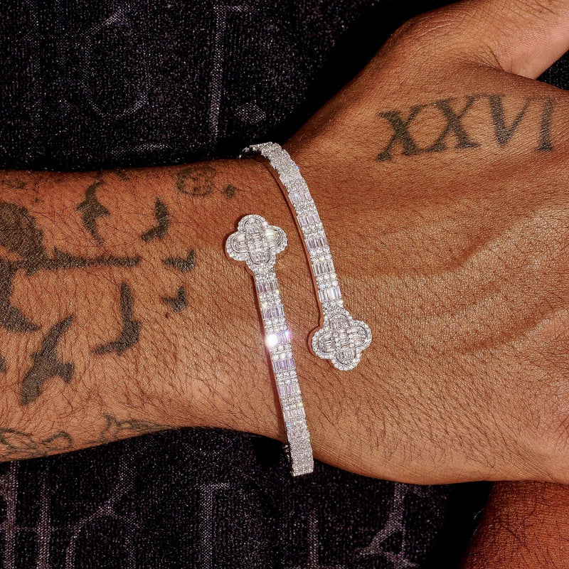 8MM Moissanite Iced Motif Baguette Bangle in 925 silver with white gold plating on wrist
