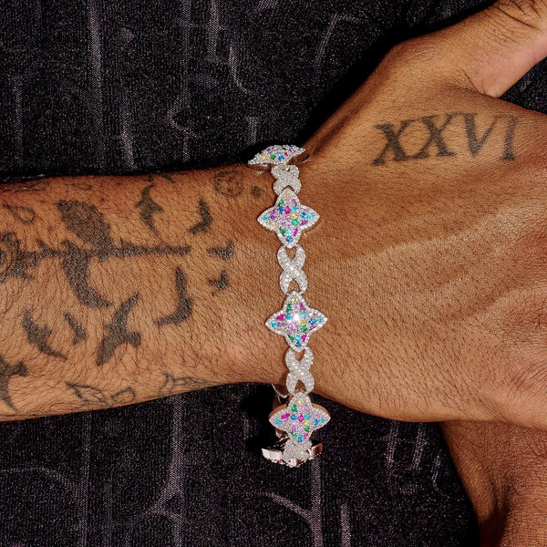 Multicolor Cuban Bracelet in white gold with vibrant multicolor links worn on wrist.