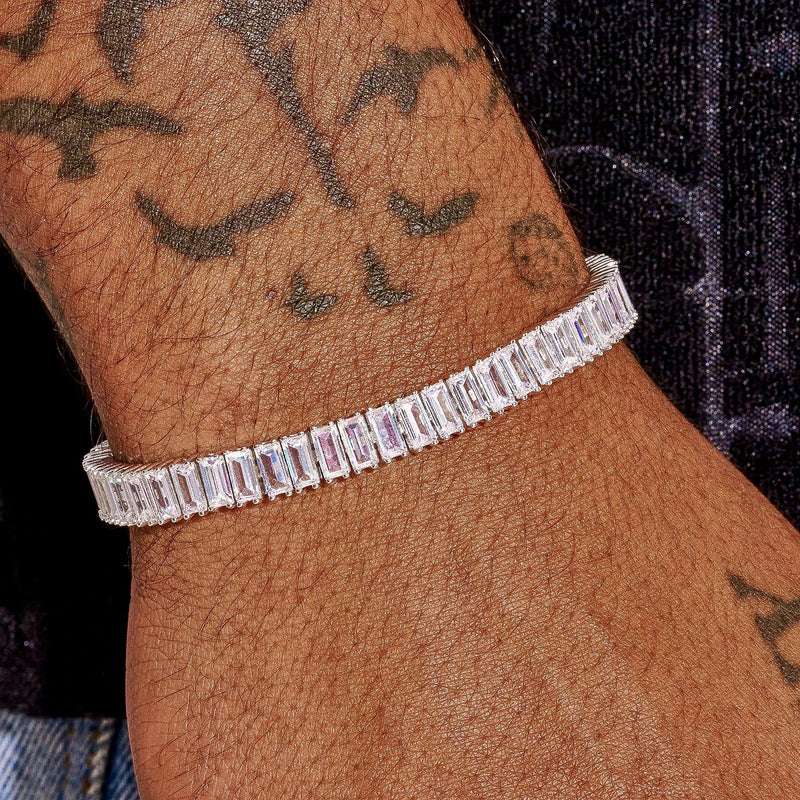 8MM Moissanite baguette tennis bracelet in 925 silver with D colour VVS1 stones on wrist