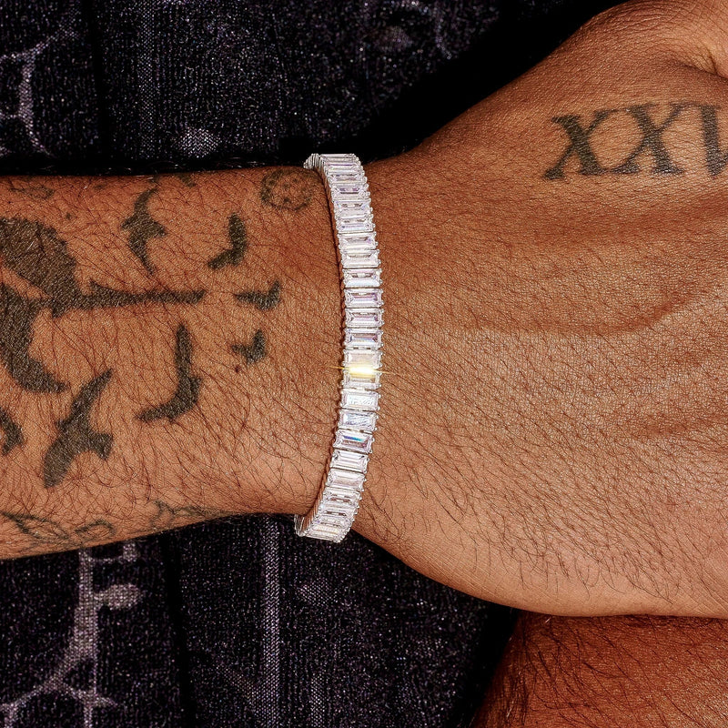 8MM Moissanite baguette tennis bracelet in 925 silver on wrist, VVS1 D color stones