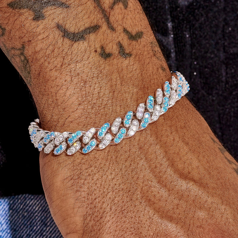 10mm iced Cuban bracelet with two tone white and blue CZ stones on wrist