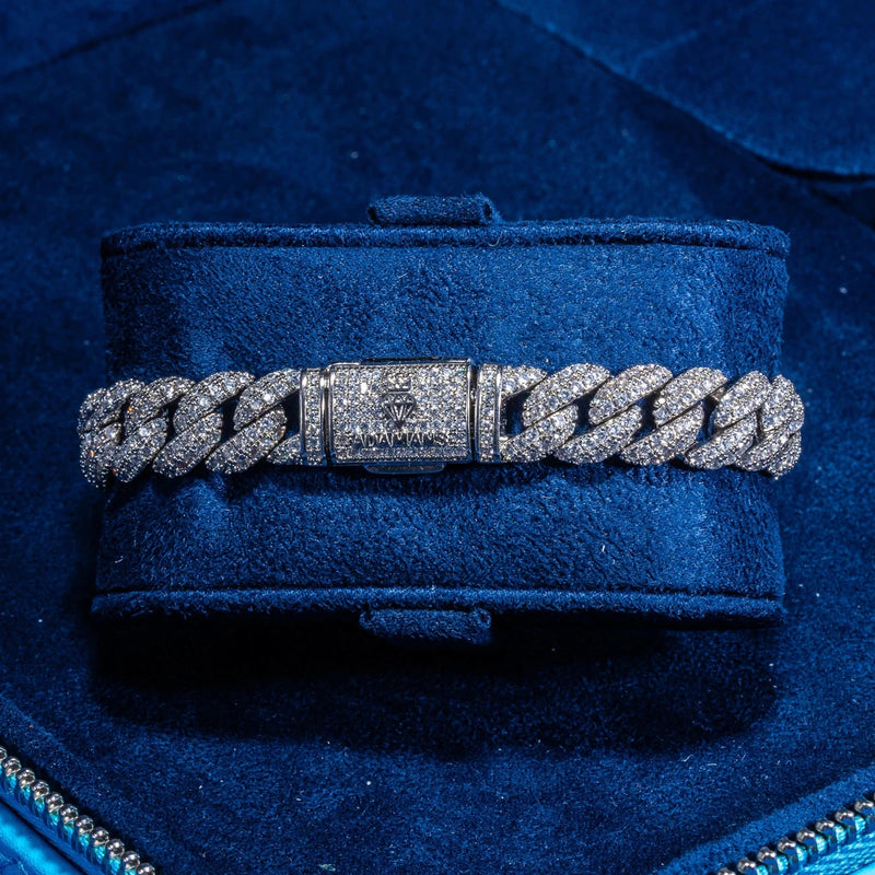 8mm Lab Diamond Cuban link bracelet in 925 silver with prong-lifted stones on blue background.